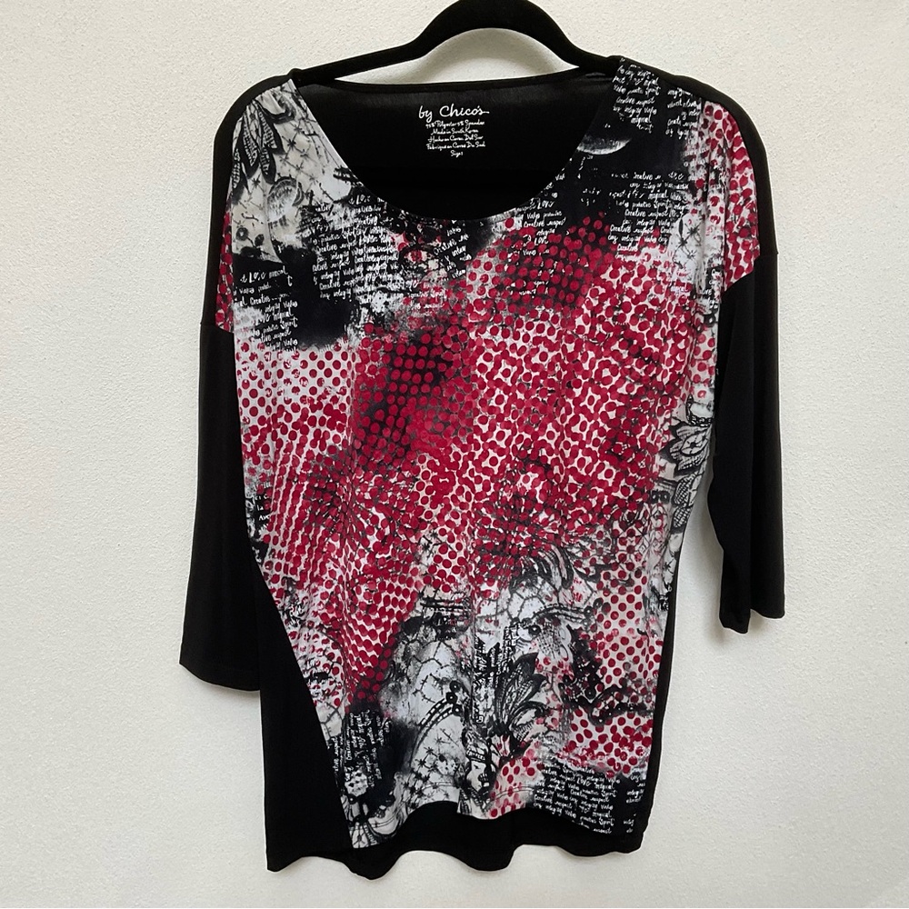 Chico's Red, Black Multi Patterned Top Stretchy S… - image 1